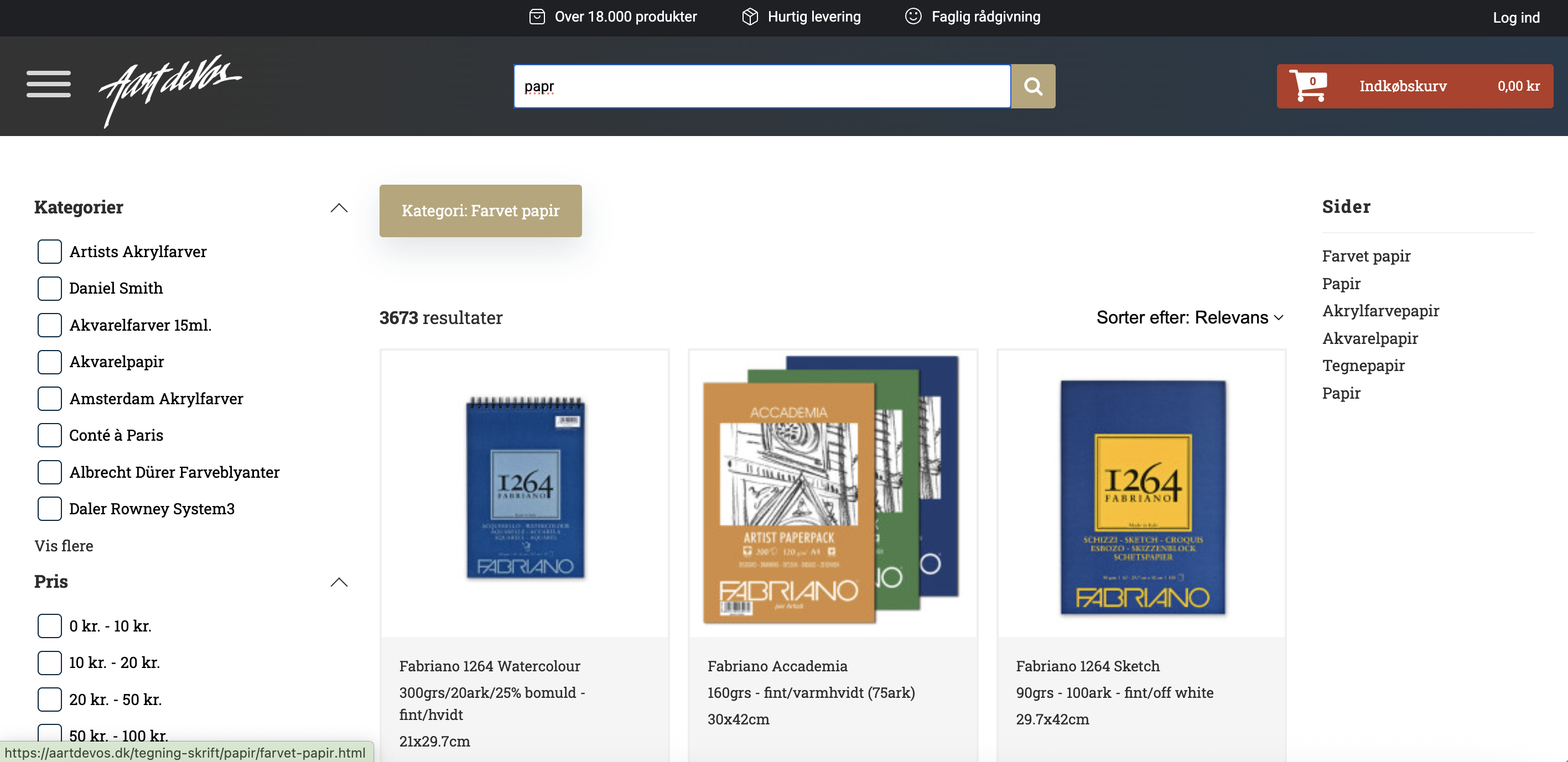 Aart de Vos search results showing art paper products from a large specialist catalog