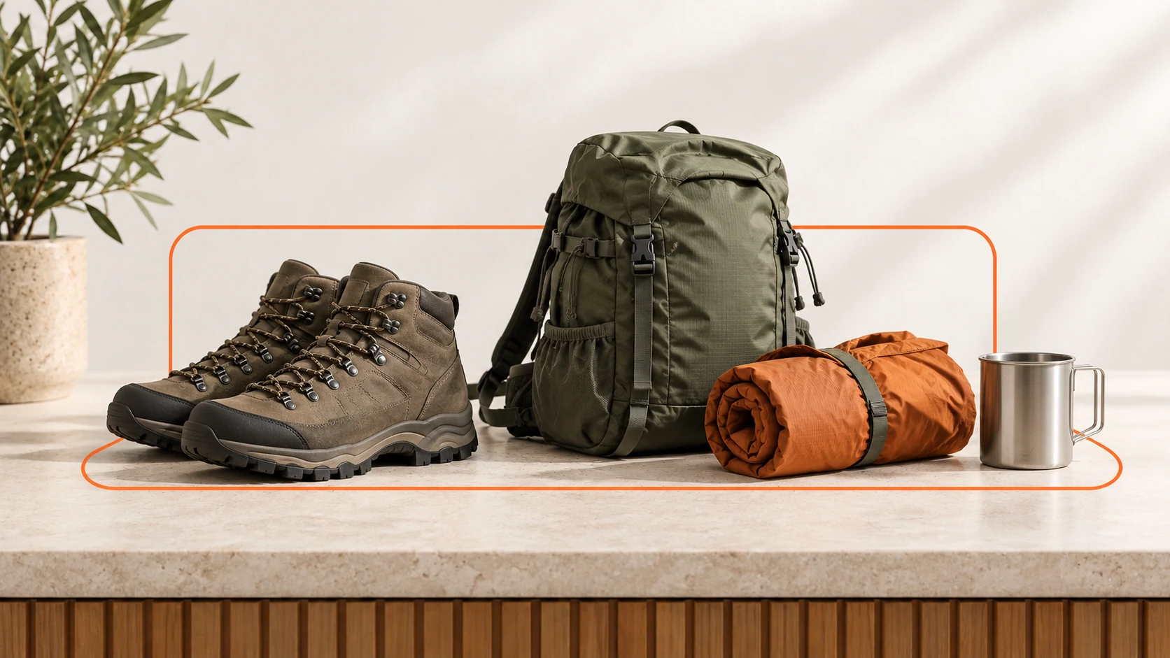 Premium hiking boots, a compact hiking backpack, rolled rain shell and stainless camping cup