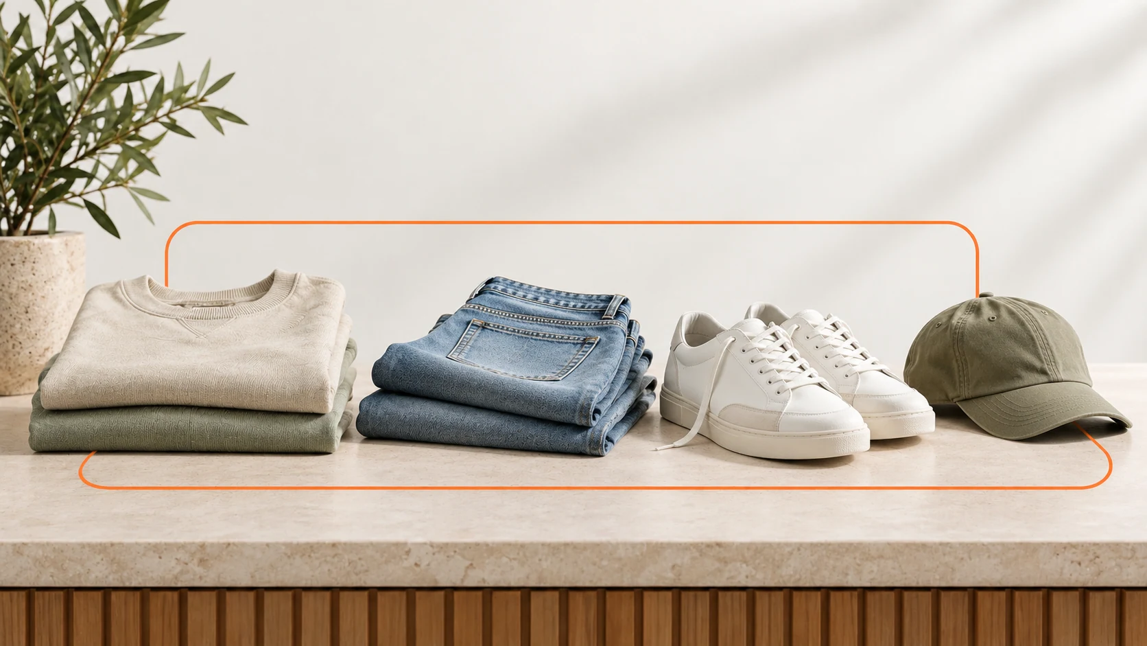 Contemporary everyday fashion: neatly folded neutral sweatshirt, denim jeans, white sneakers and a cap