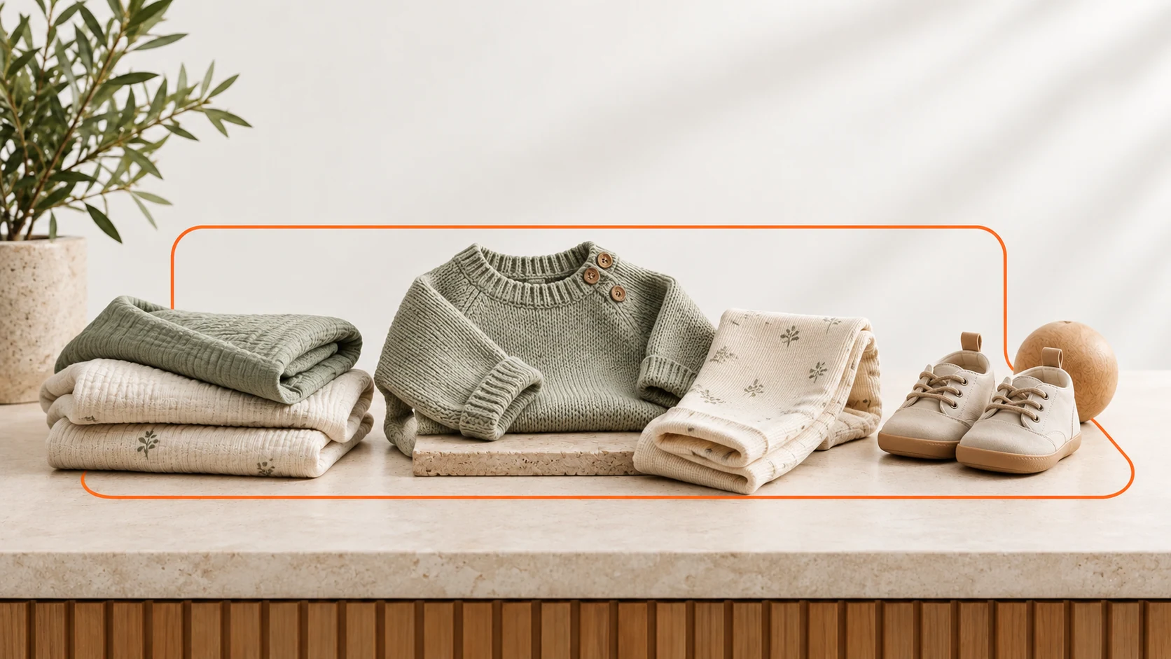 Soft children's clothing: small knitted sweater, cotton leggings, tiny shoes and folded muslin in sage and cream